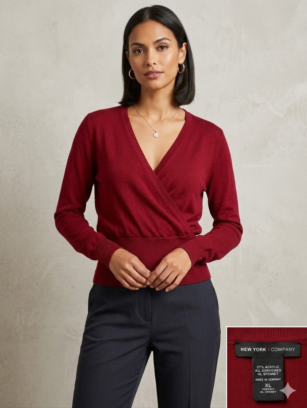 New York & Company Red V-Neck Wrap Sweater